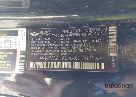 2012 Mini Cooper Clubman from USA, damaged, VIN WMWZF3C5XCT189559